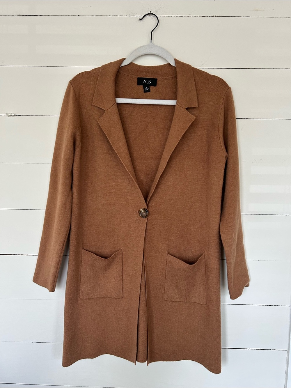 AGB Camel Colored Single-Button Knit Sweater/Blazer, size Medium. - Picture 3 of 6